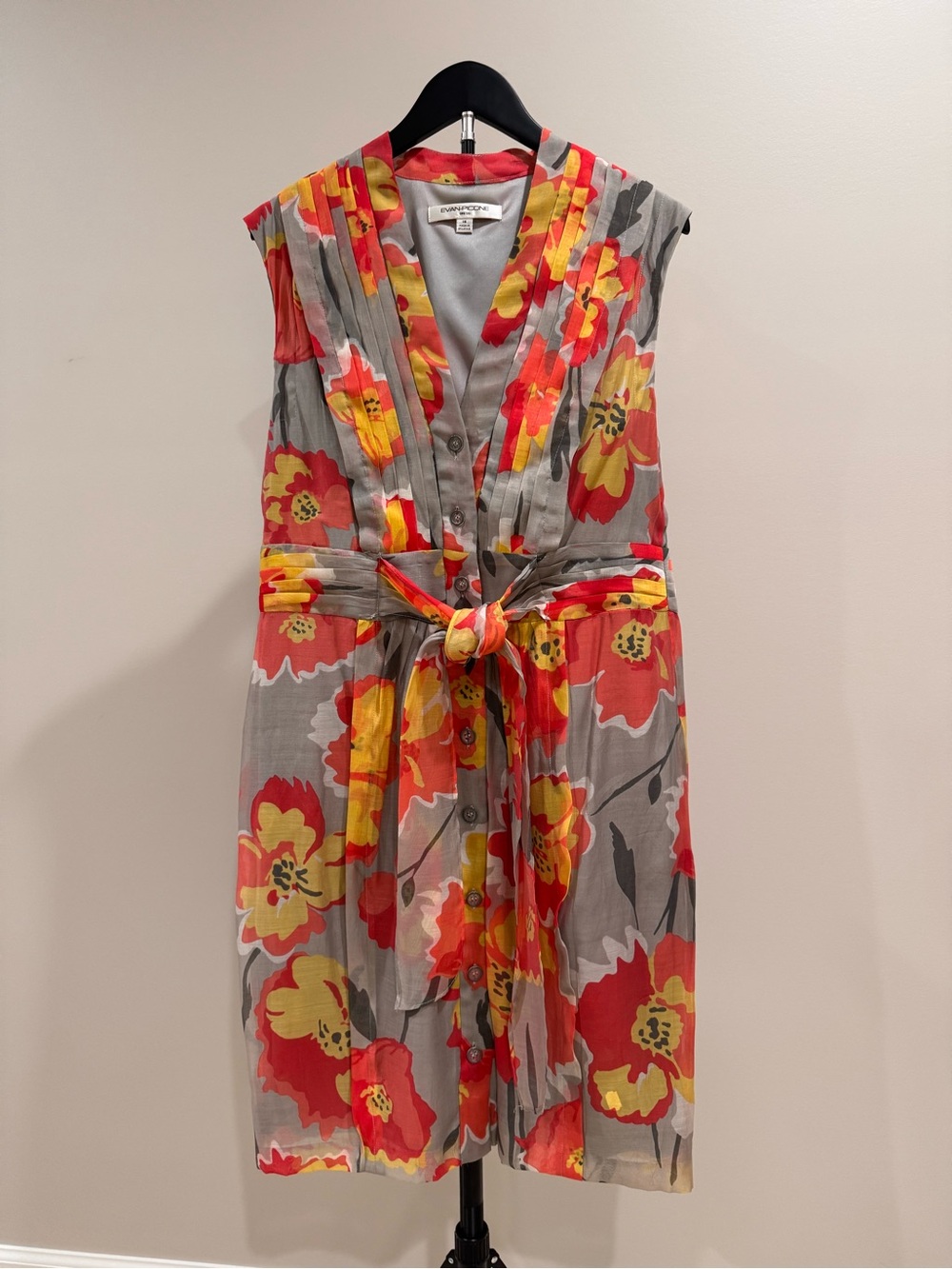 Evan Picone Sleeveless Floral Button-Front Dress in Orangey Red & Yellow